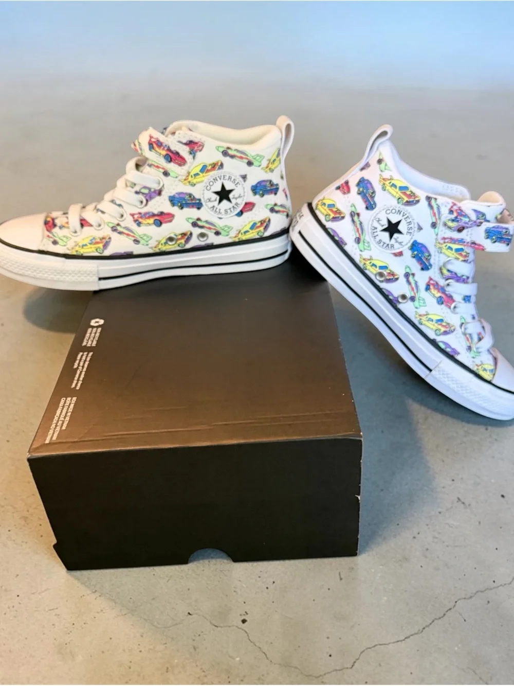 Converse Kids White High-Top Sneakers with Colorful Car Print